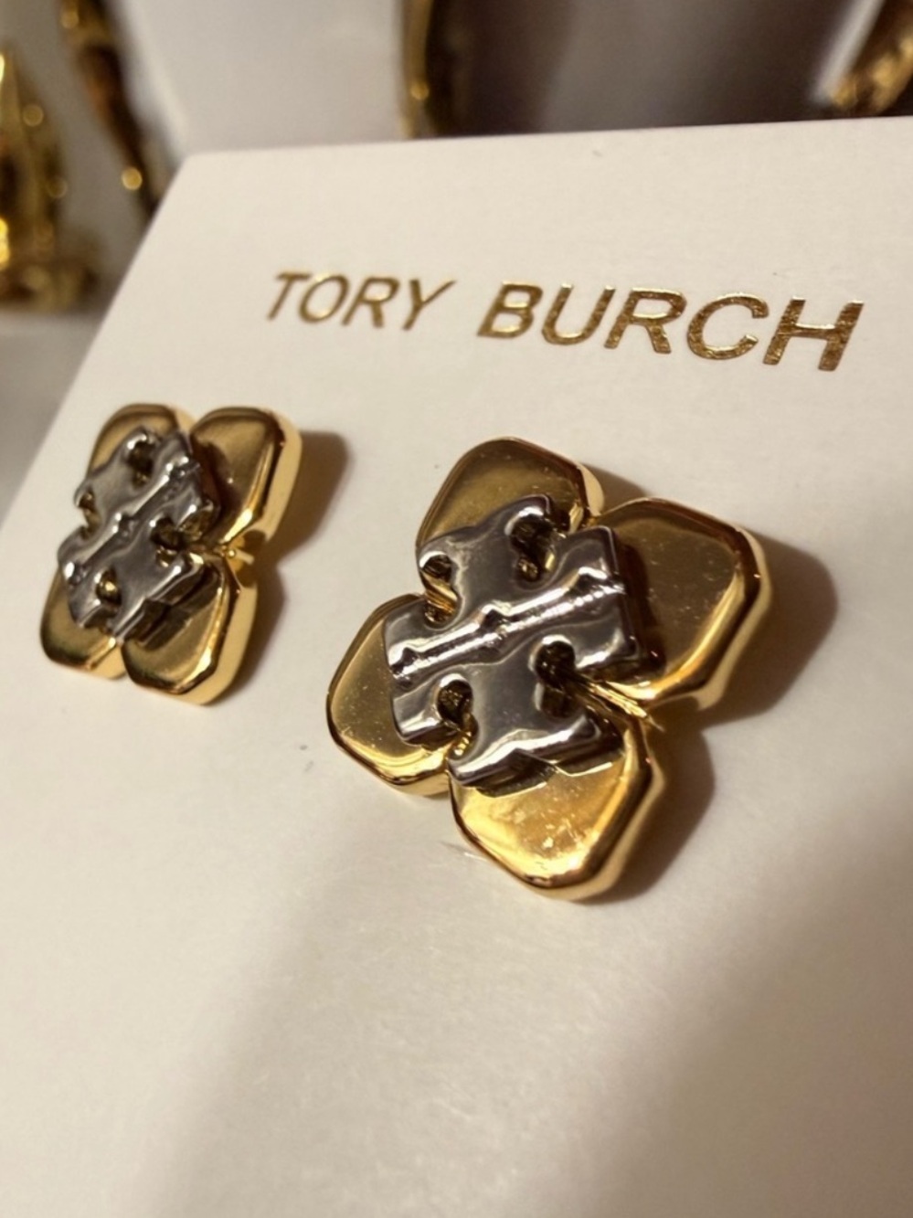 Tory Burch Logo Flower Two Tone Stud Earrings NEW $129
